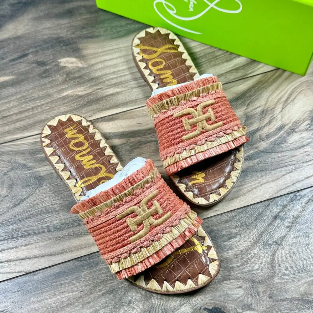 NIB Sam Edelman Georgia 7M Orange Raffia Flat Slide Sandals Resort Beach - Picture 3 of 12